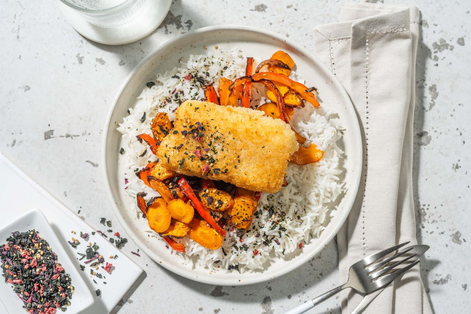 Gepaneerde kabeljauw met geroosterde groenten