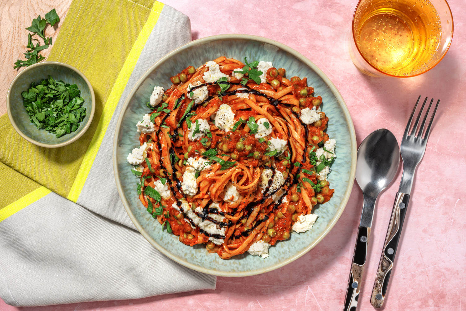 Roasted Pepper and Goat's Cheese Pasta with Prawns