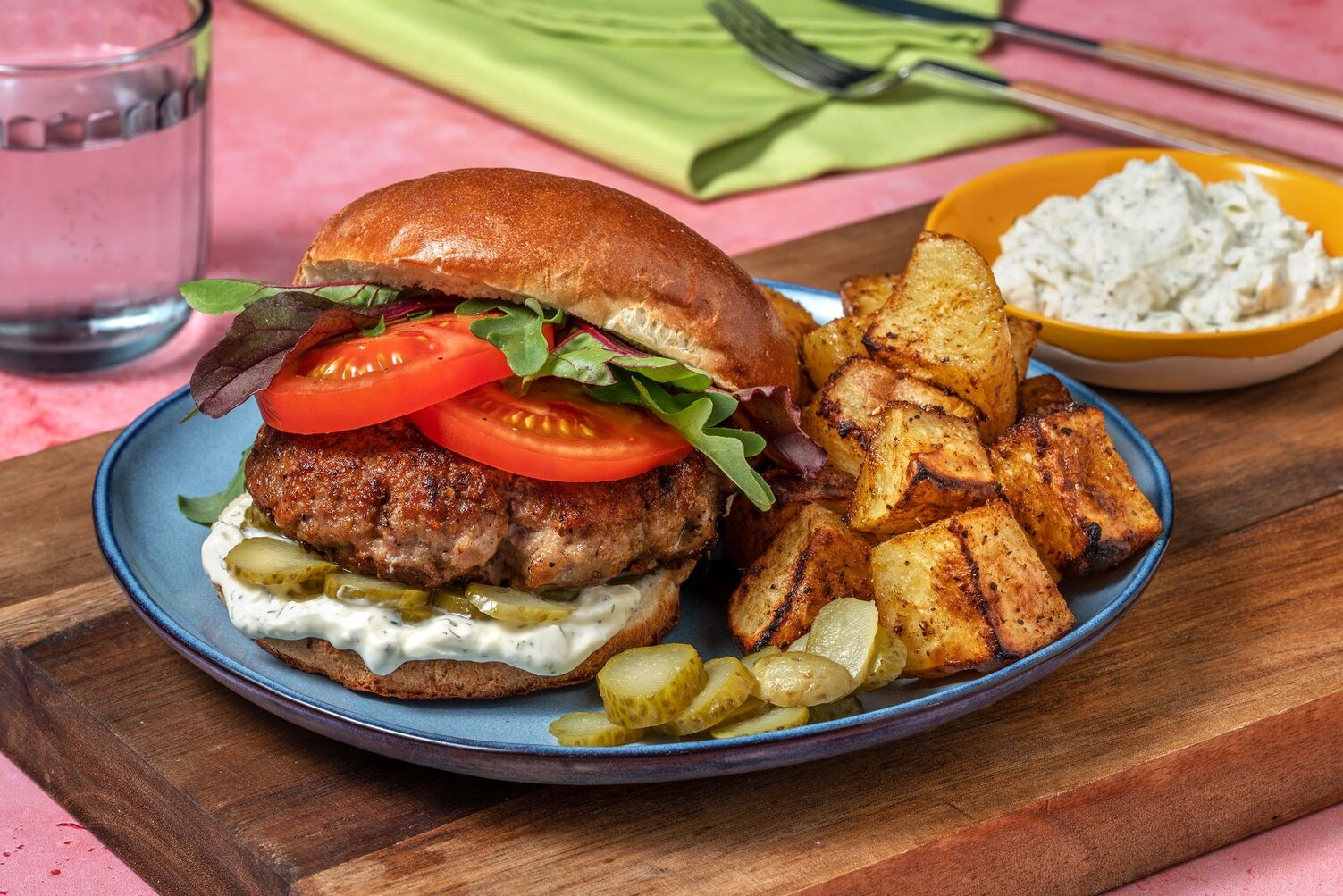 Dill Pickle and Feta–Topped Plant-Based Patties Burgers