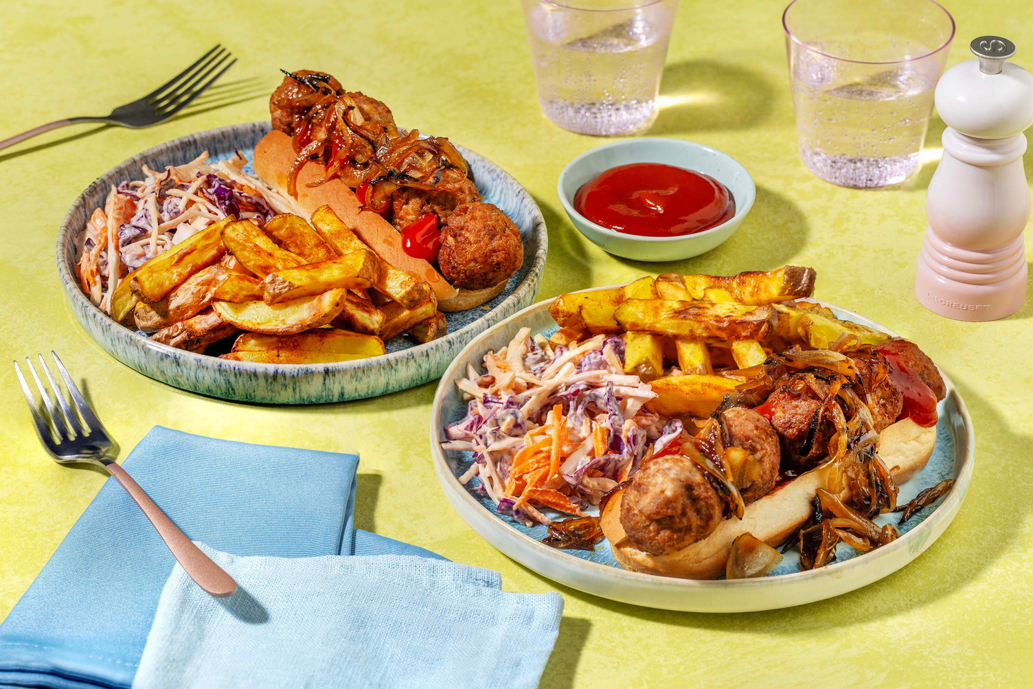 Sausage Meatball Sub and Spiced Fries
