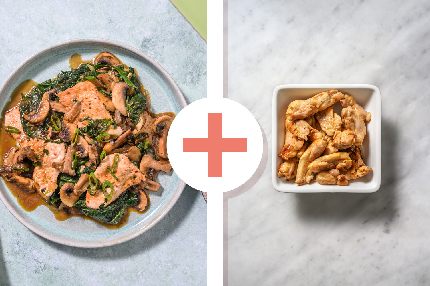Straccetti di pollo al miso, erbette e funghi