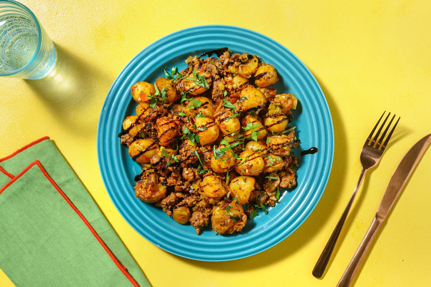 Grenailles au bœuf haché, pesto rouge et crème balsamique 