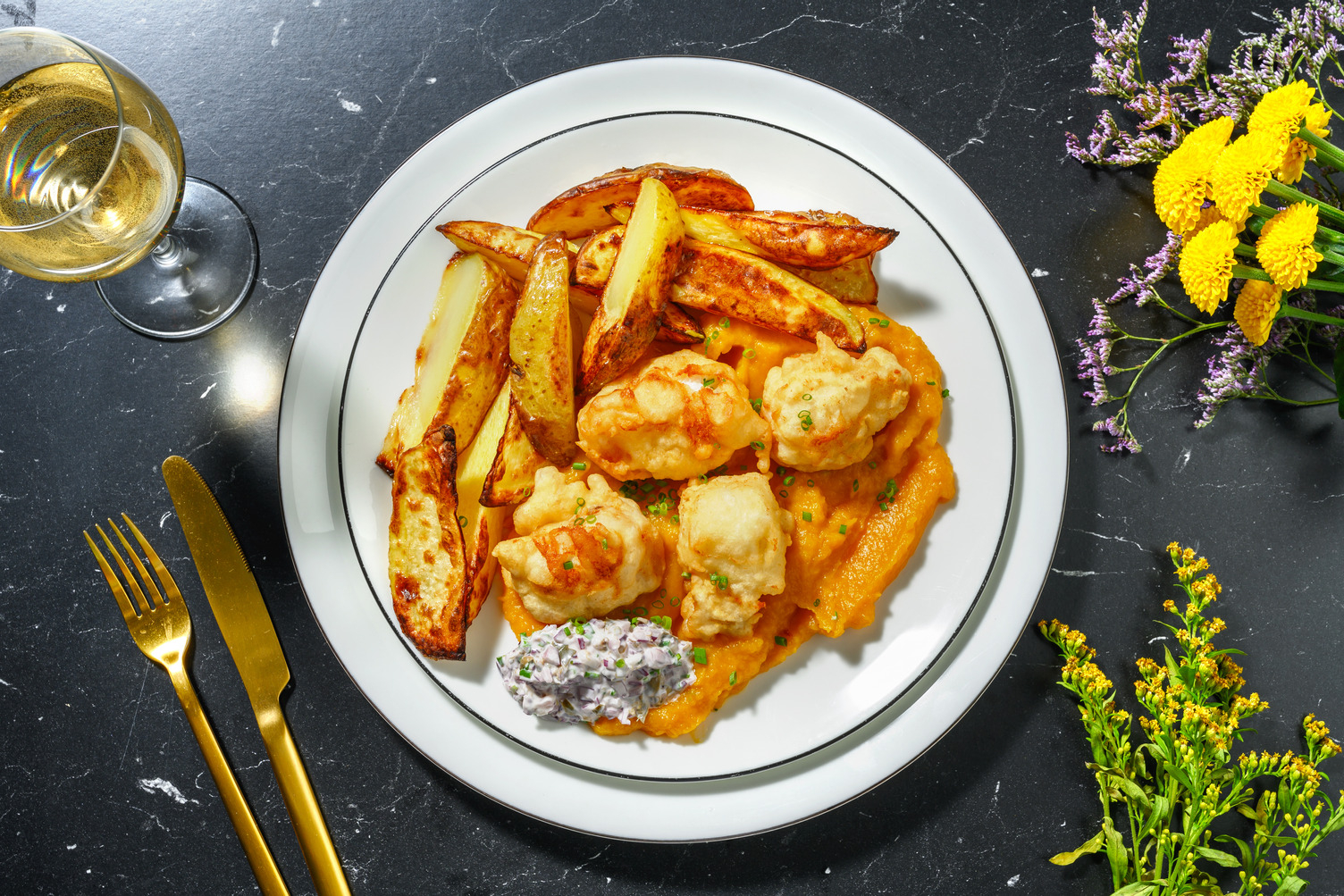 Tempura di merluzzo e purè di zucca e zenzero