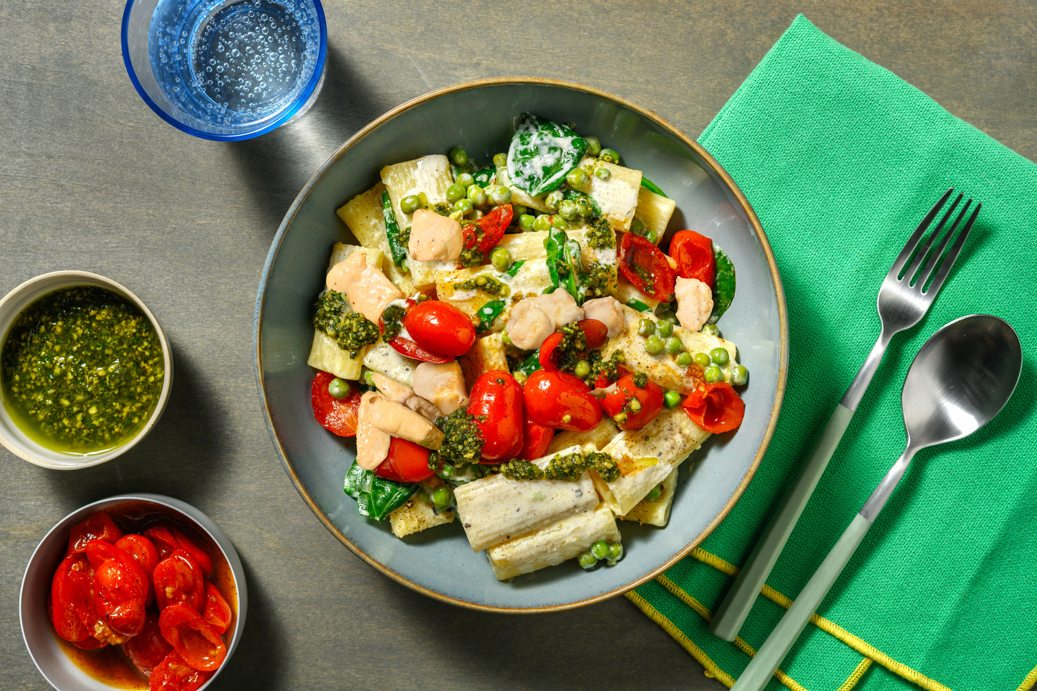 Presto Pesto Chicken and  Pea Rigatoni