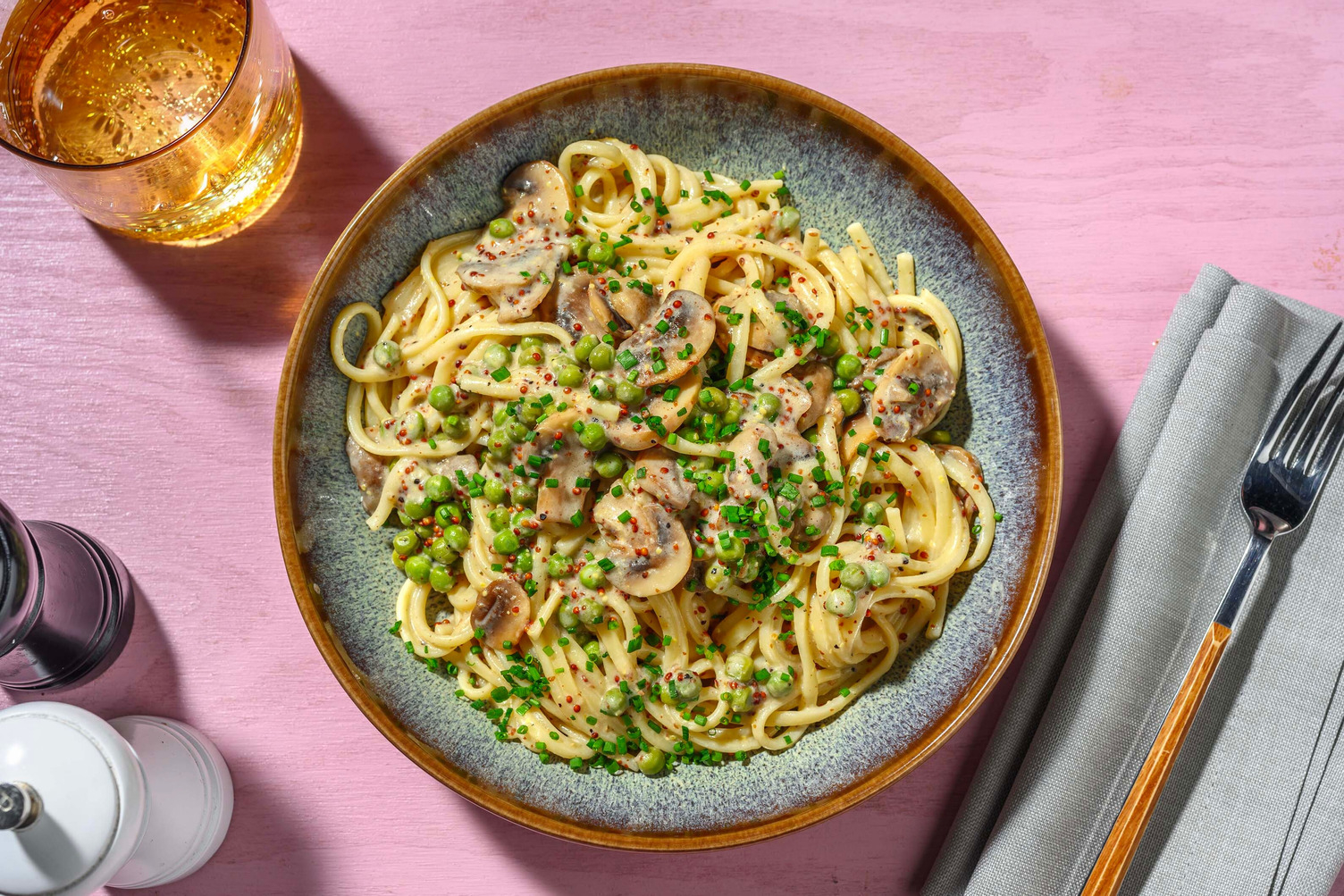 Creamy Mustard Pea & Mushroom Linguine