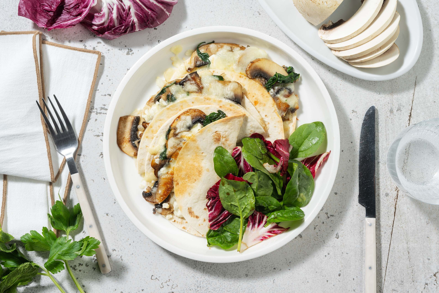 Quesadillas fusion aux poireaux & portobello