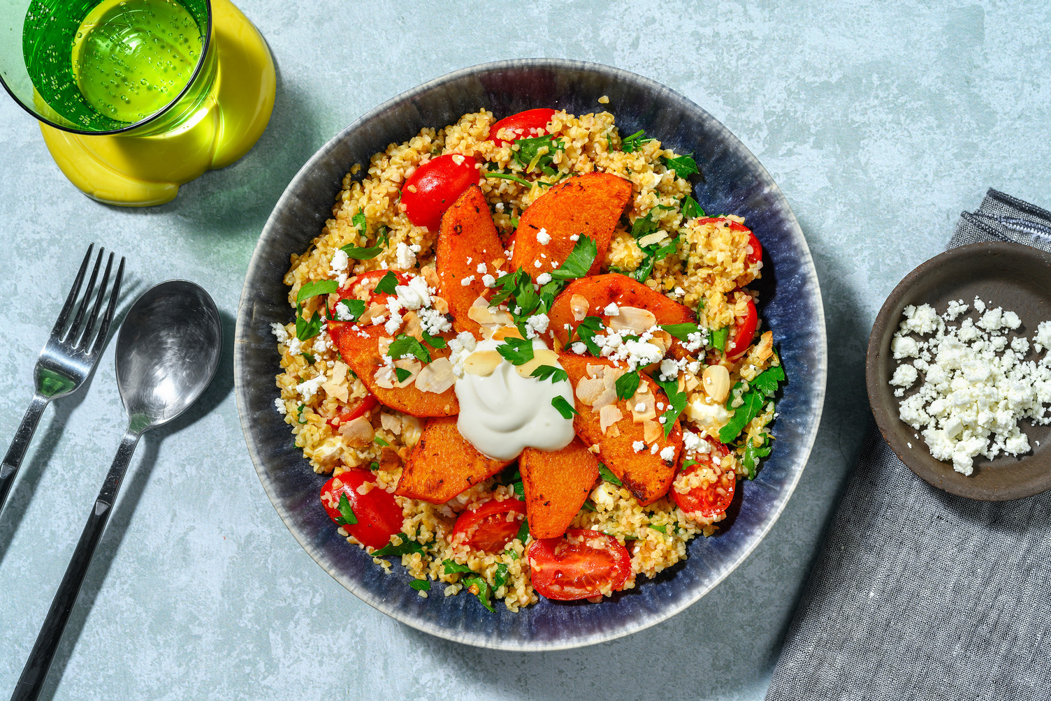Harissa Roasted Sweet Potato on Herby Tabbouleh