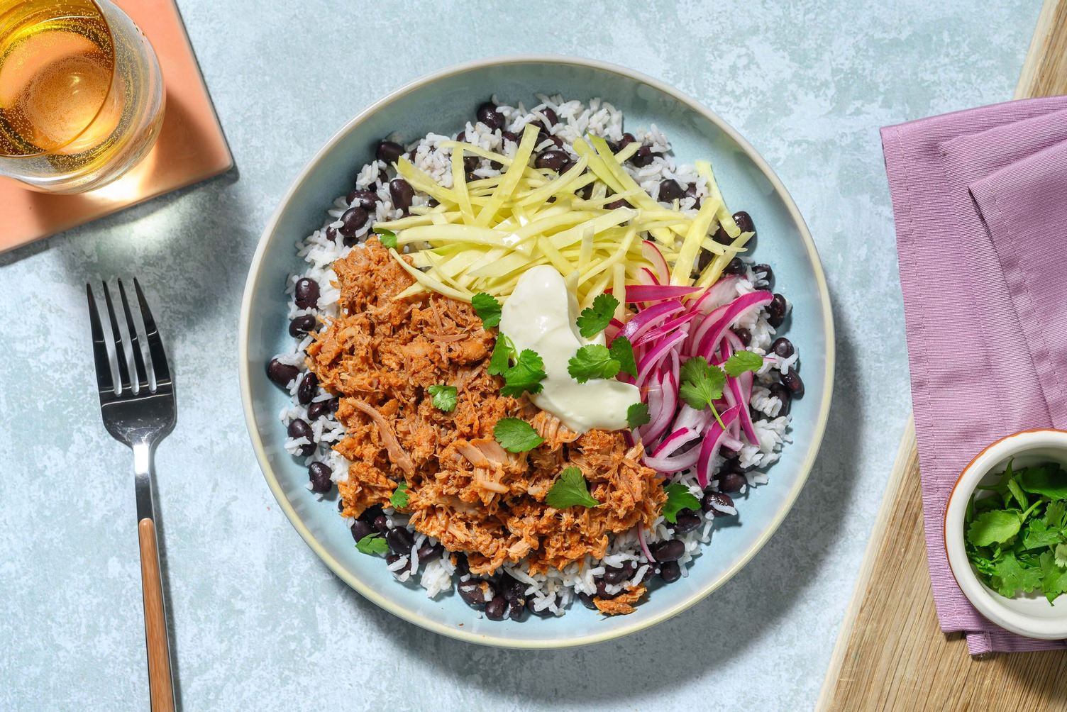 Mexican pork carnitas bowl