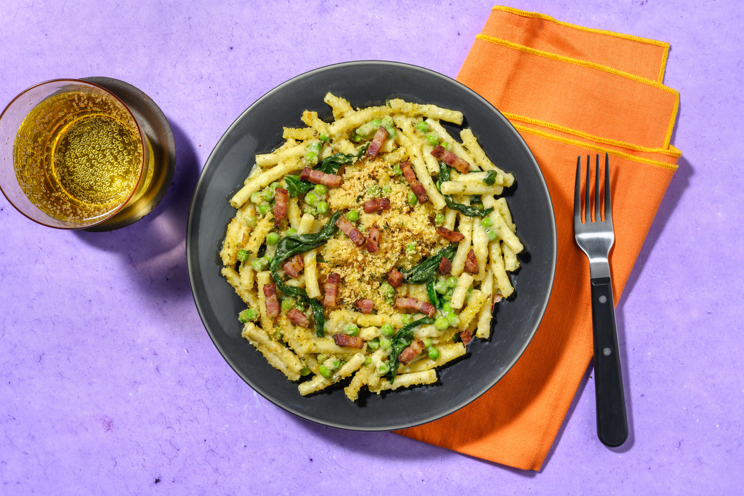 Pesto Bacon Mac and Peas