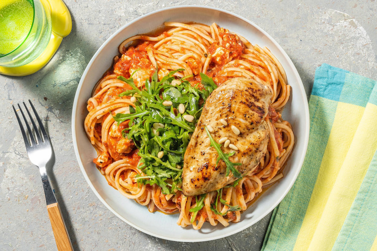 Spaghetti mit Hirtenkäse & extra Bio-Hähnchen