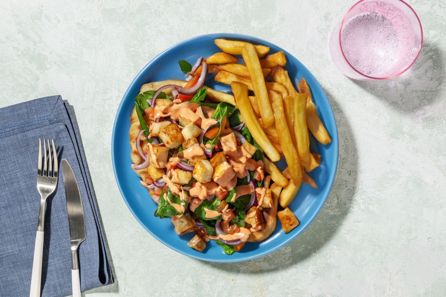 Souvlaki Inspired Halloumi Flatbreads and Oven-Ready Chips