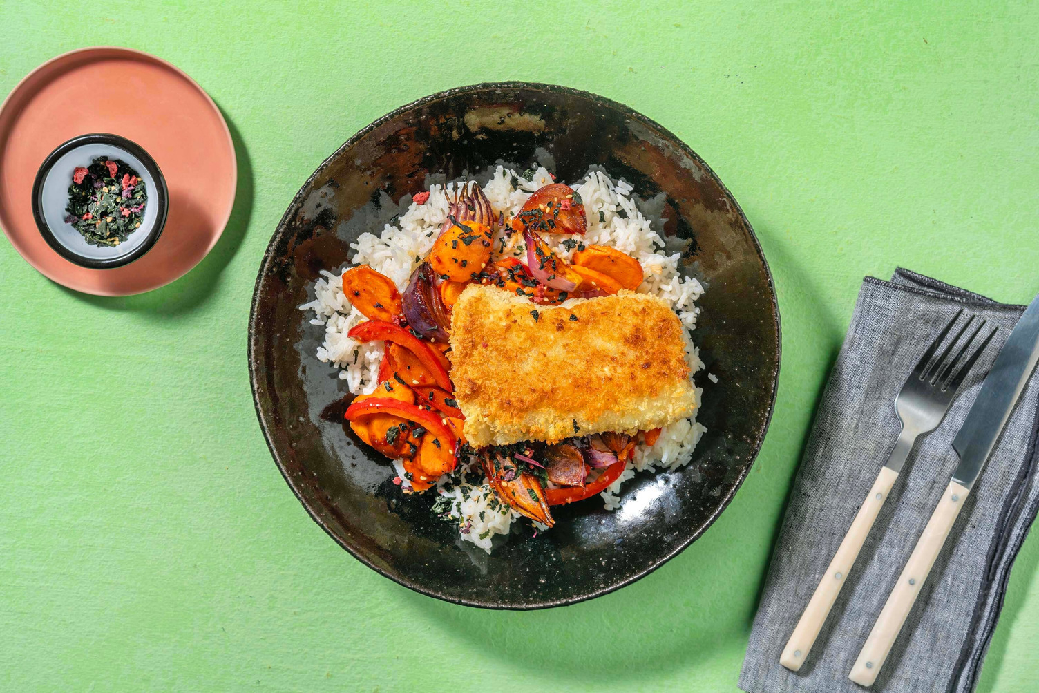 Gepaneerde kabeljauw met geroosterde groenten