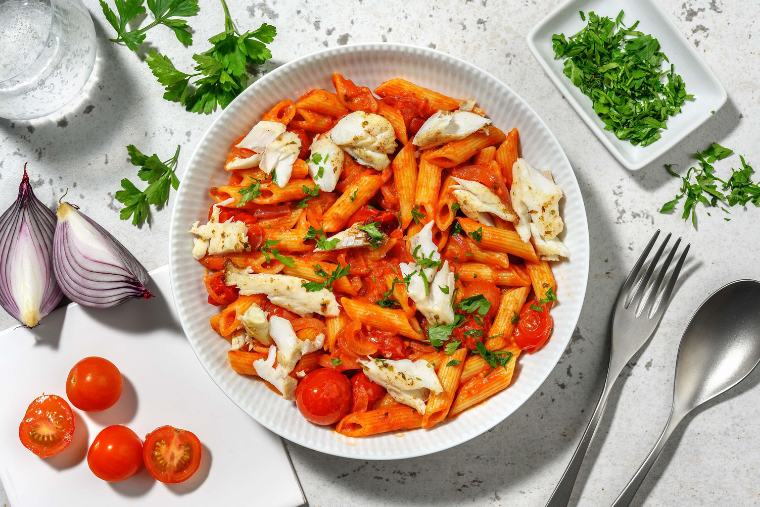 Penne met koolvisfilet