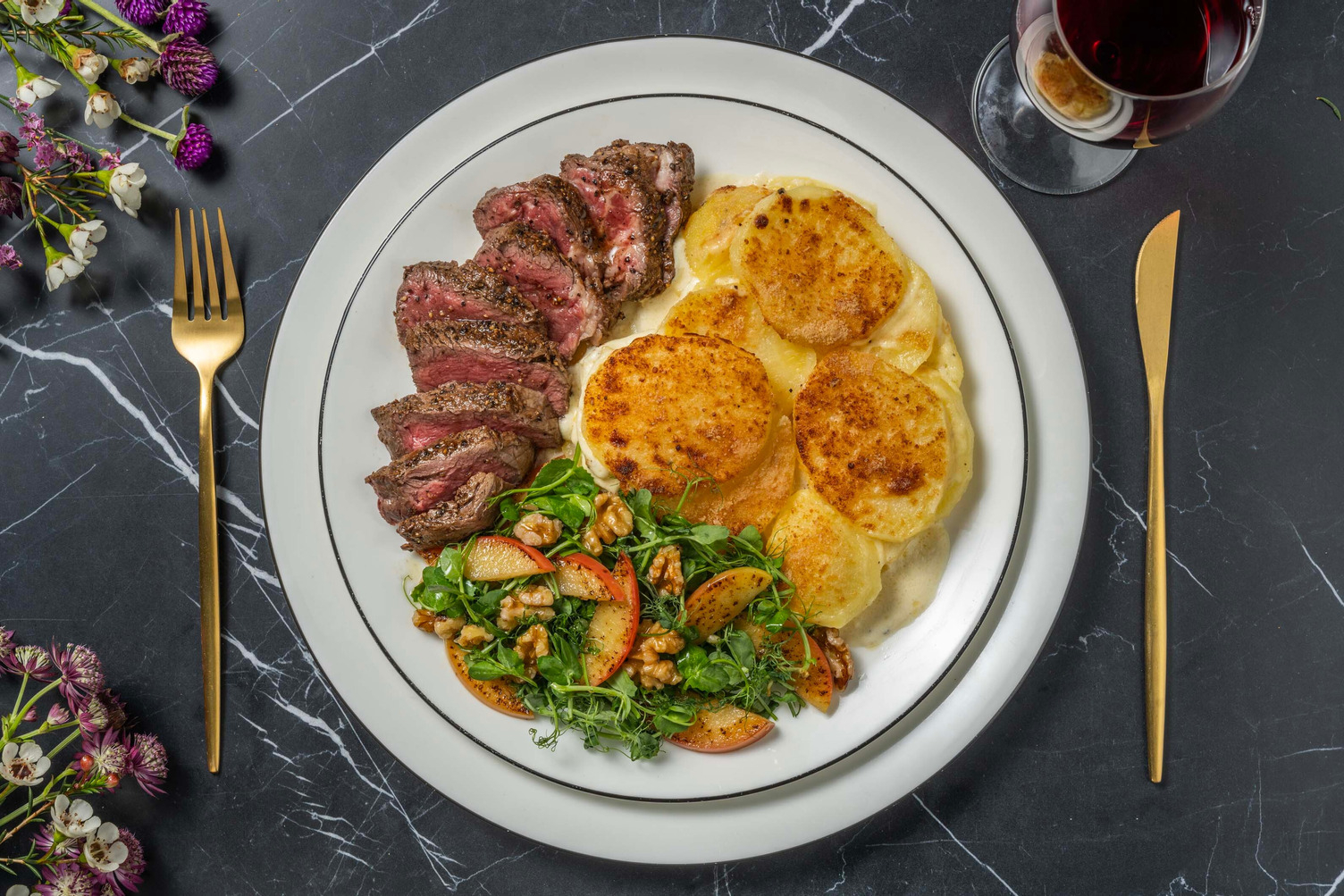 Pepper Crusted Venison and Dauphinoise Potatoes