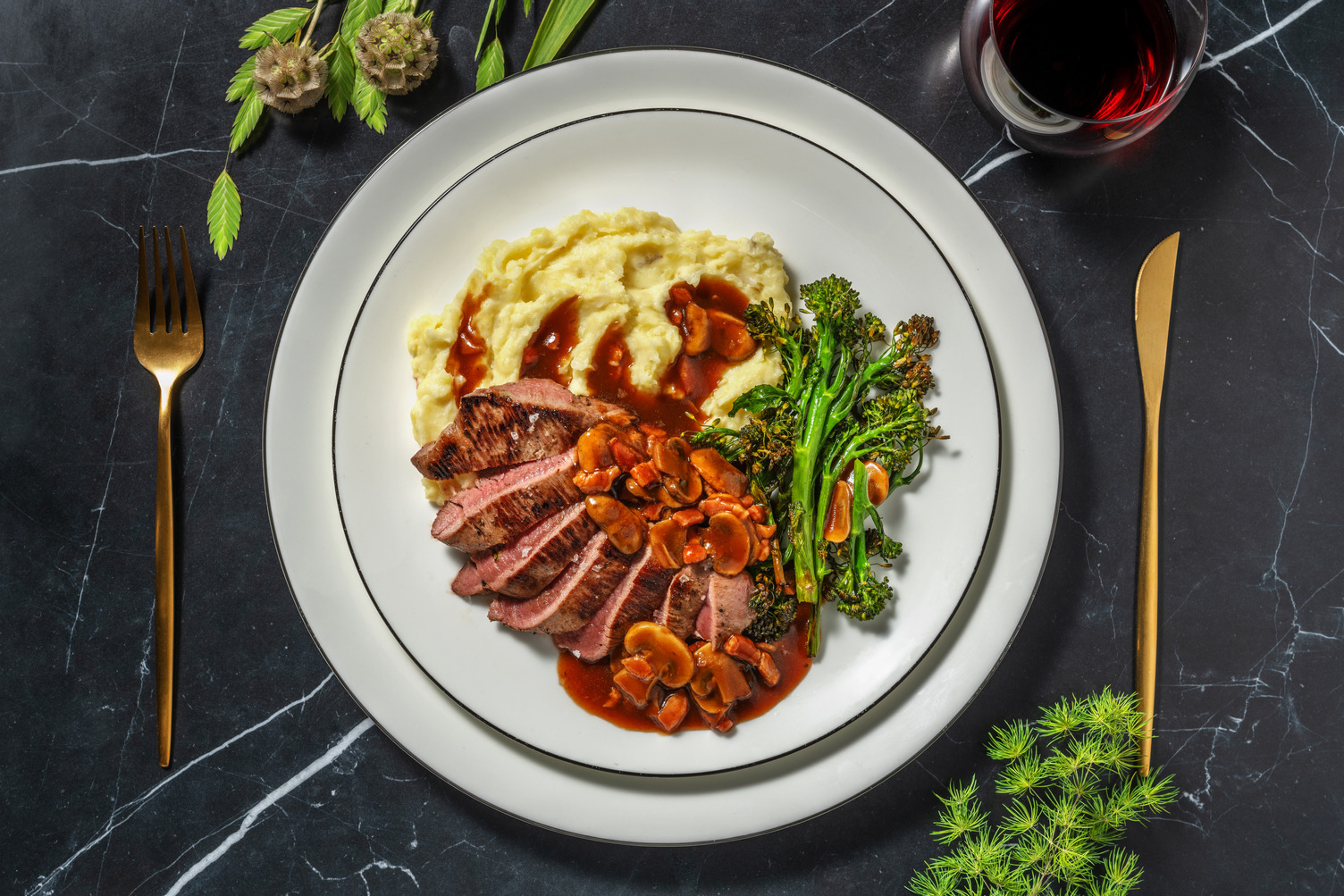 Venison Steak and Bacon Bourguignon Sauce