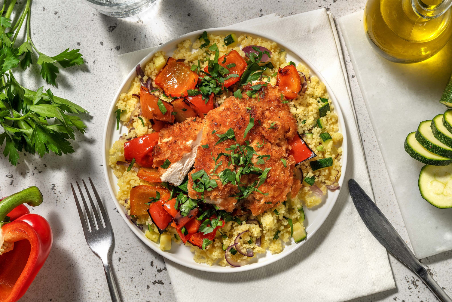 Rosemary-Panko Chicken with Roasted Bell Pepper