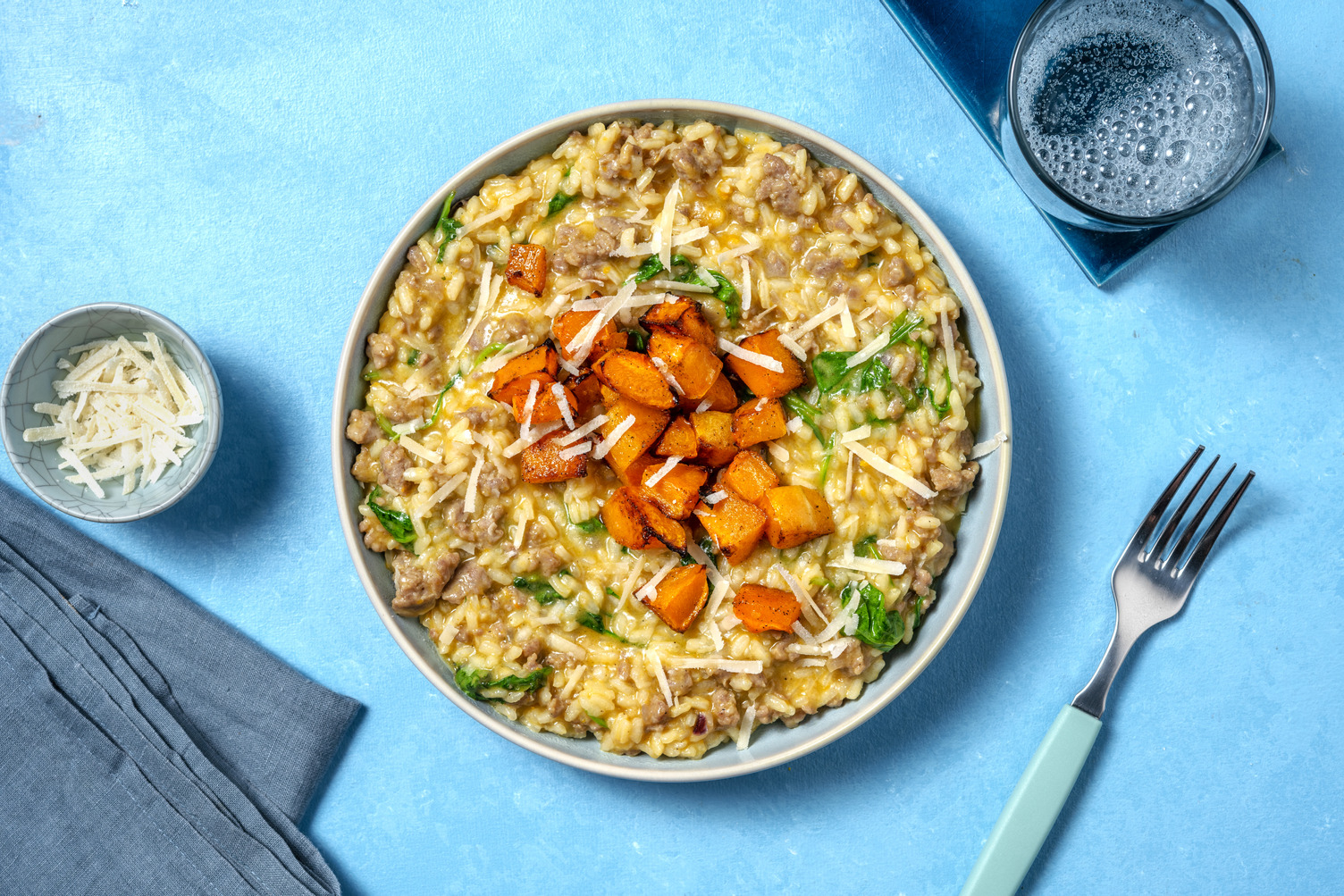 Risotto met pompoen en kipworstjes