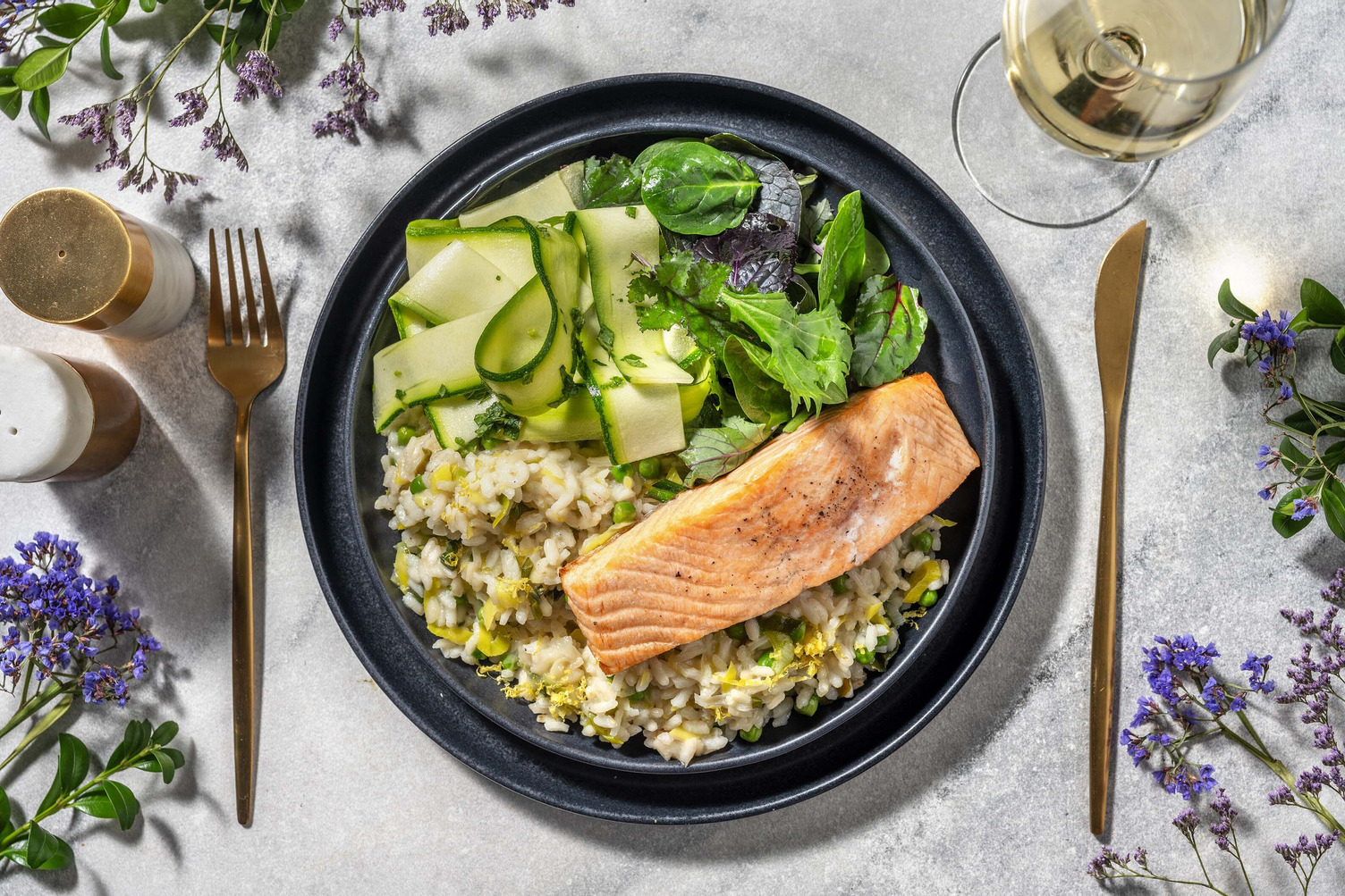 Lemon & Herb Salmon on Pea and Leek Risotto