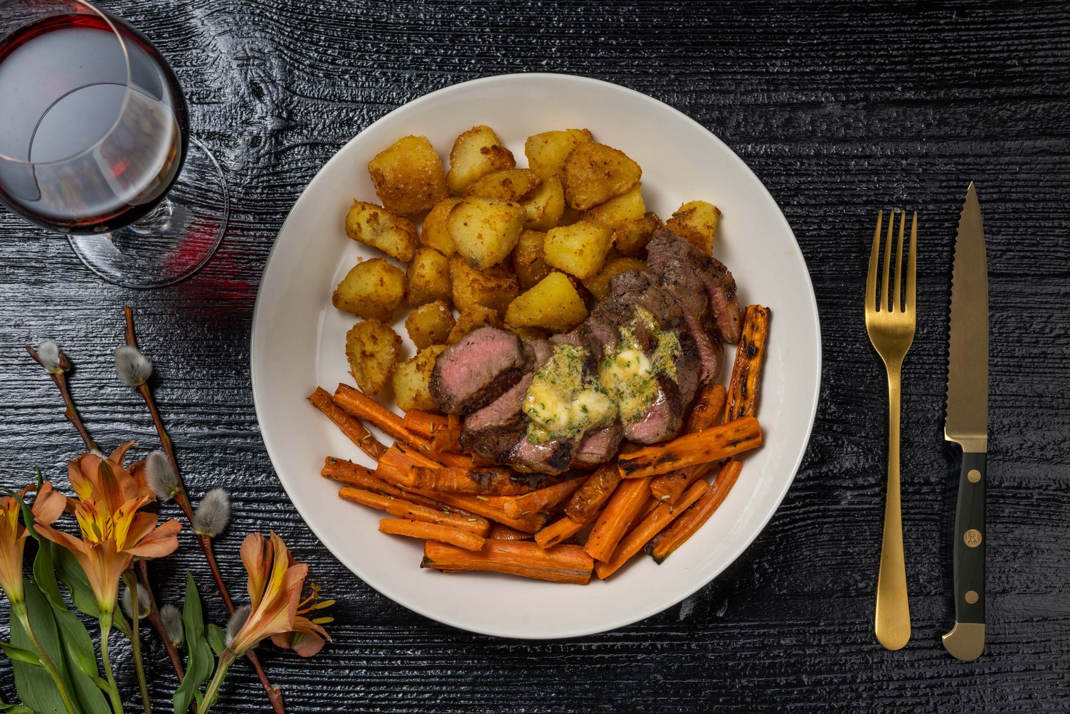 21 Day Aged Sirloin Steak and Roast Potatoes