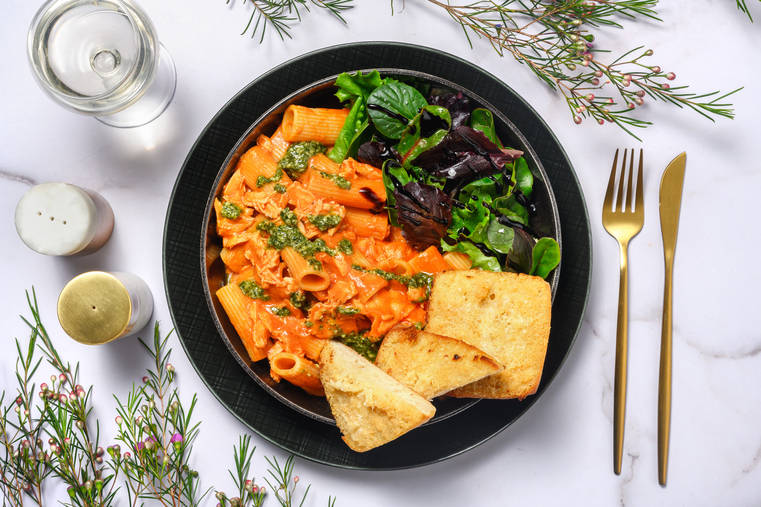 Creamy Arrabbiata and Pesto Salmon Pasta