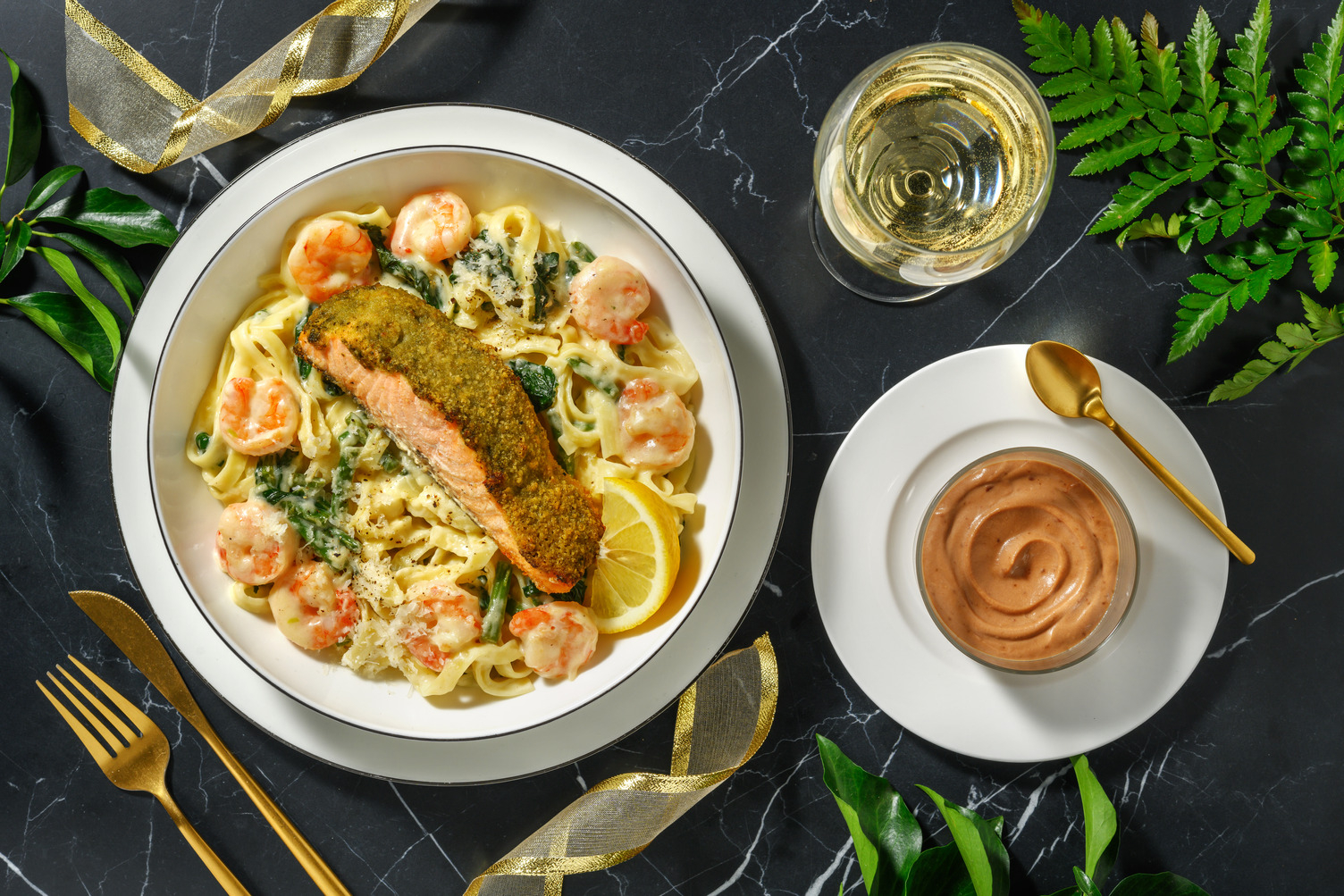 NYE Pesto Salmon on Creamy King Prawn Linguine