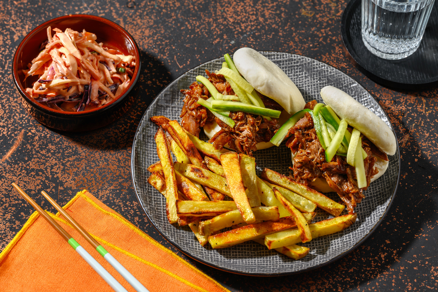 Hoisin Duck Bao Buns and Sesame Fries
