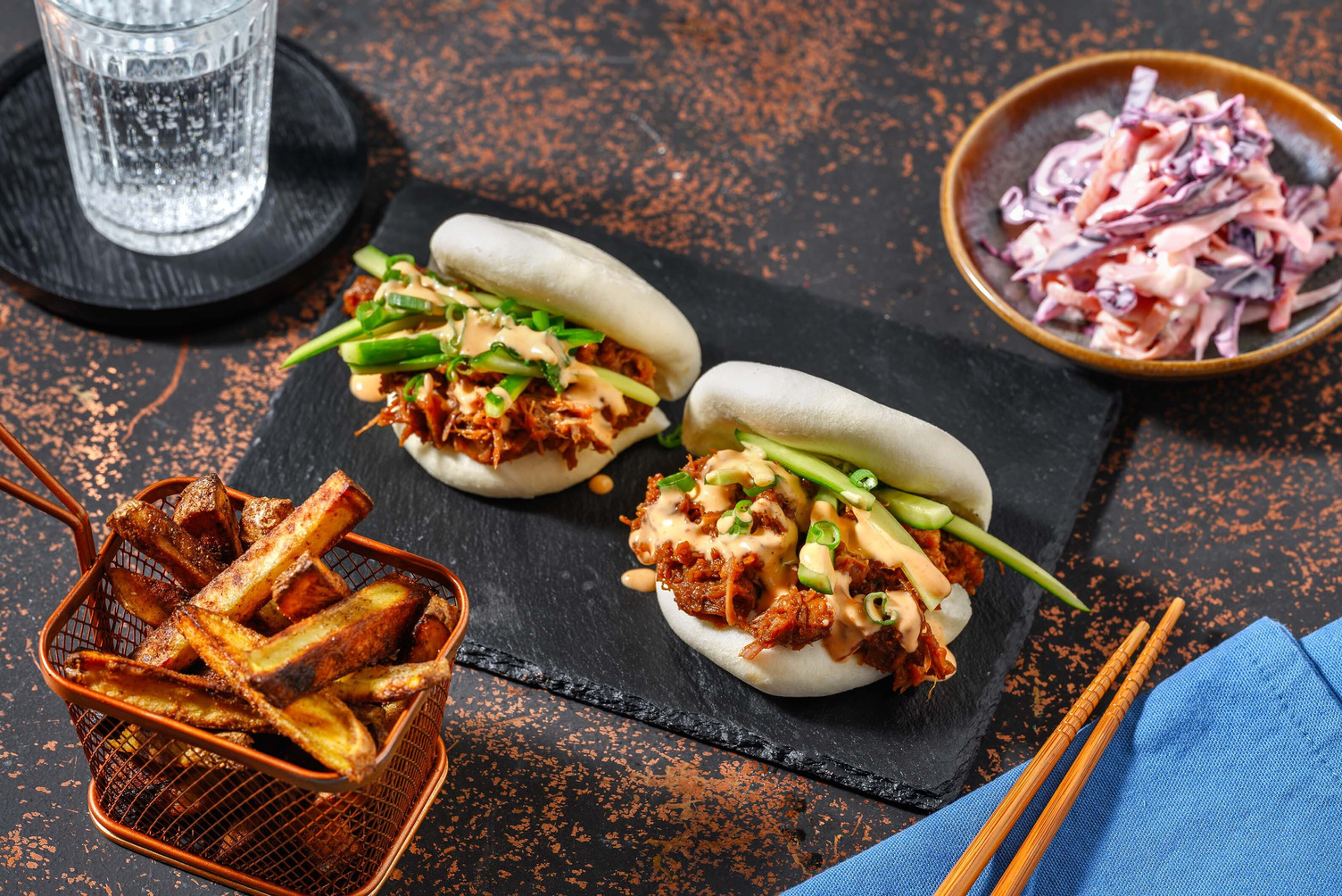 Teriyaki Pulled Pork Bao Buns and Spiced Chips