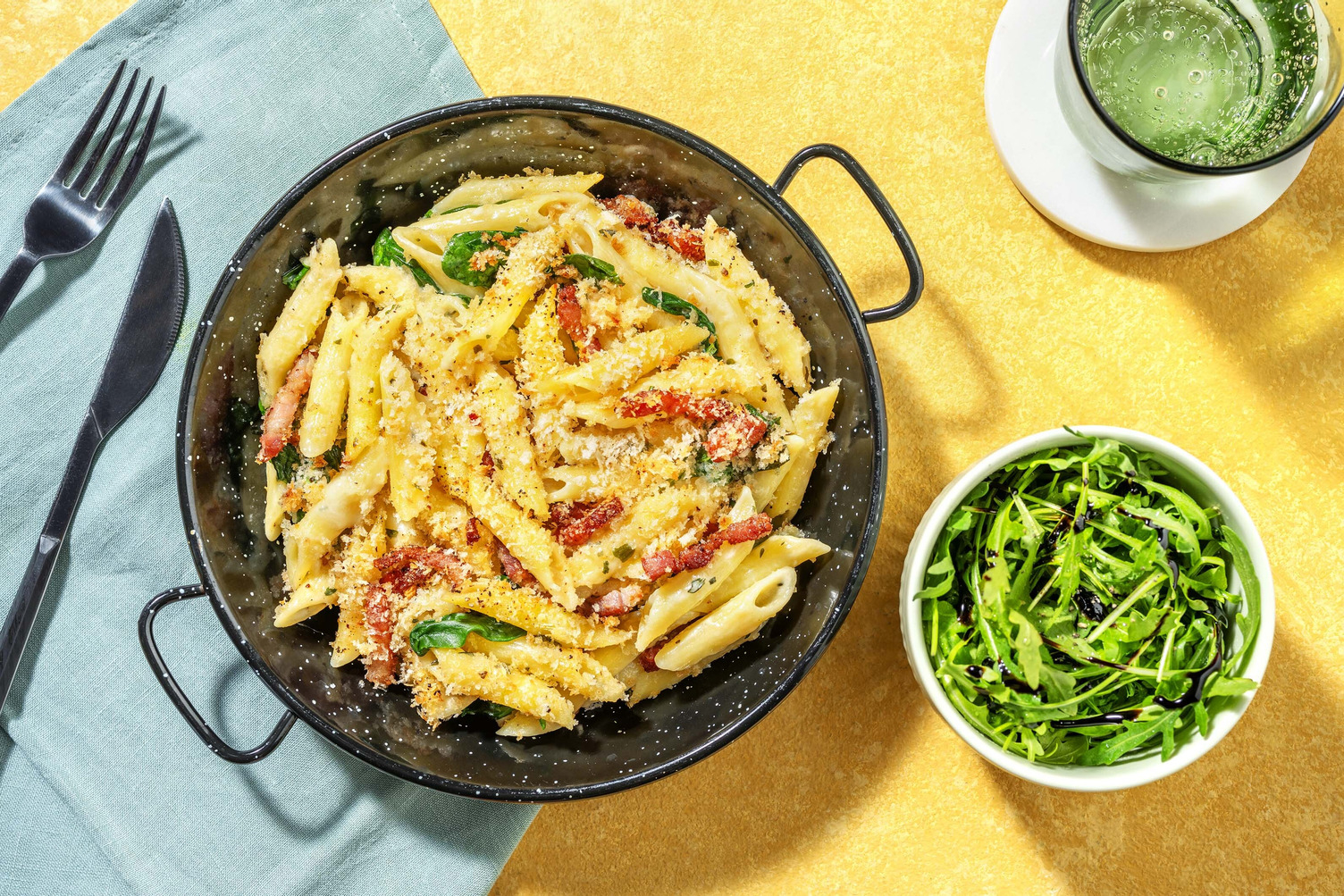 Bacon Crusted Cheese & Spinach Penne Bake