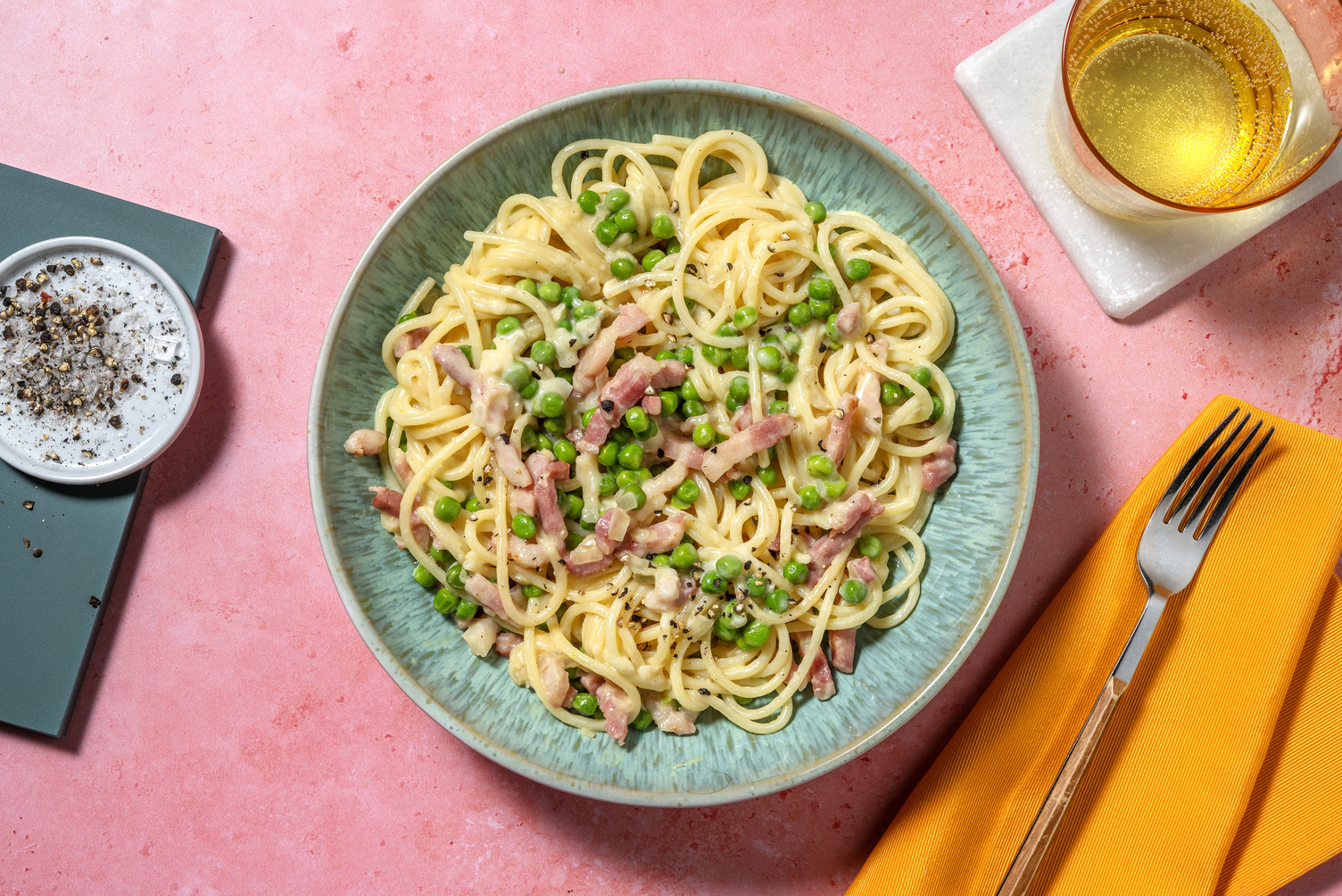 Truffled Bacon, Mushroom and Pea Spaghetti