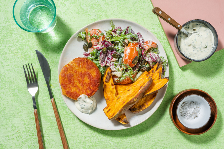 Knapperige visburger met zoete-aardappelpartjes