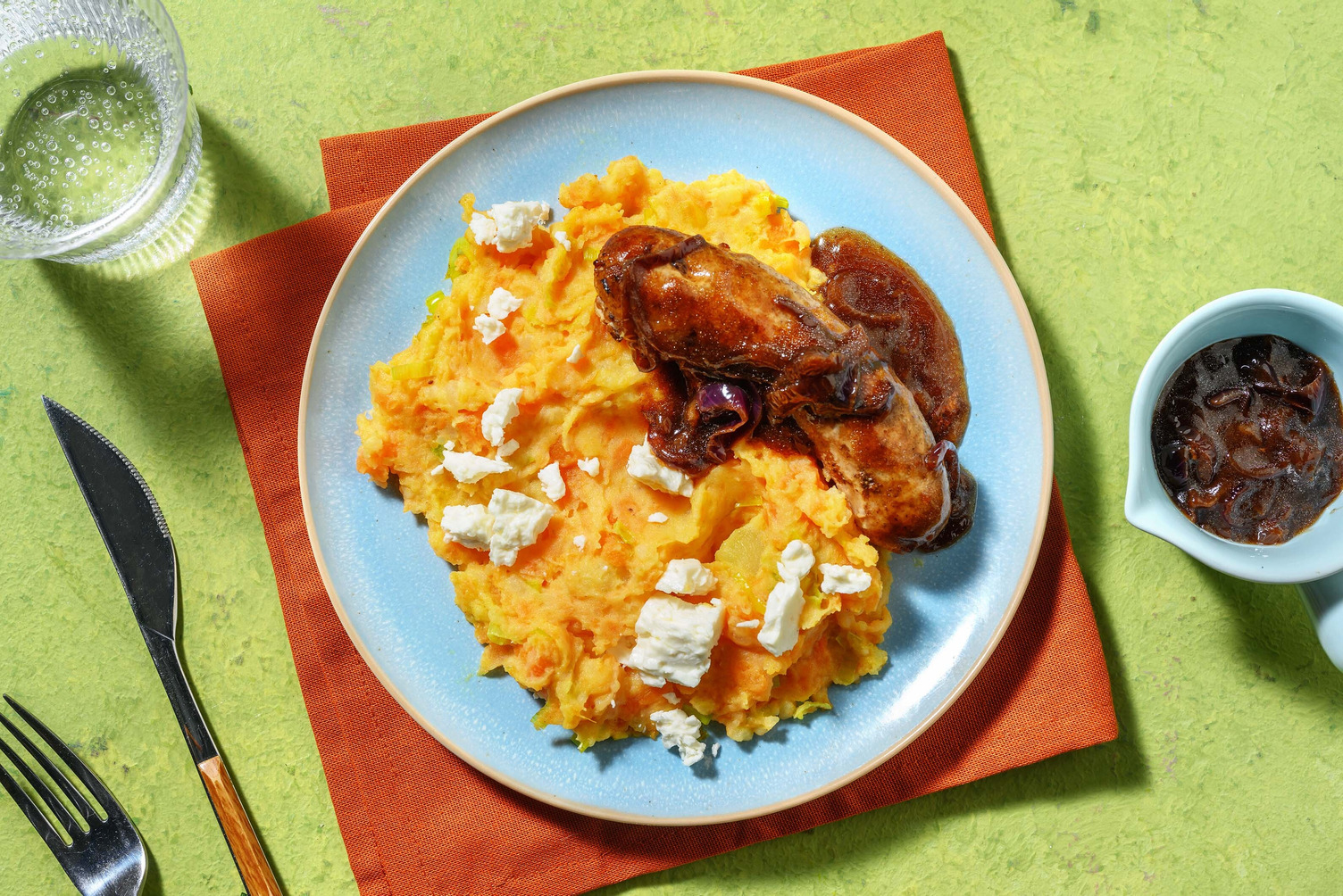 Brandt & Levie-varkensworst met zoete-aardappelstoemp