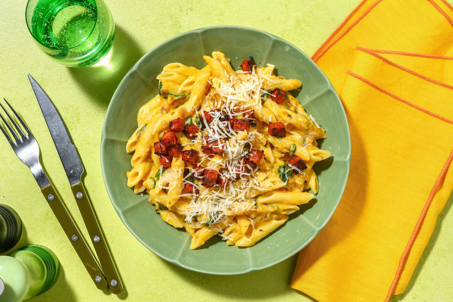 Penne en sauce crémeuse à la courge et chorizo