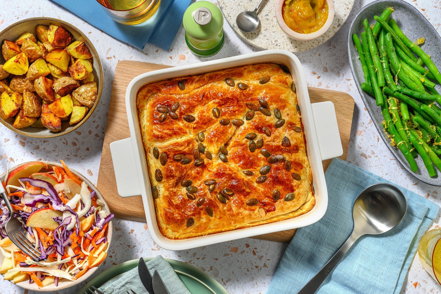 Pie met pulled chicken en pompoen