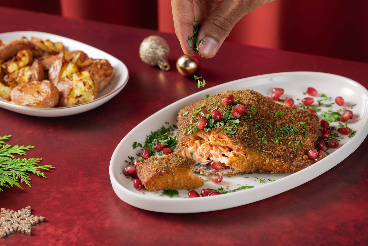 Saumon croustillant au panko et pommes de terre Roseval écrasées