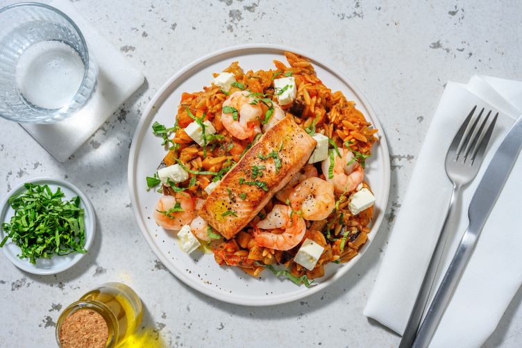 Orzotto mit Knoblauch-Garnelen & Lachs