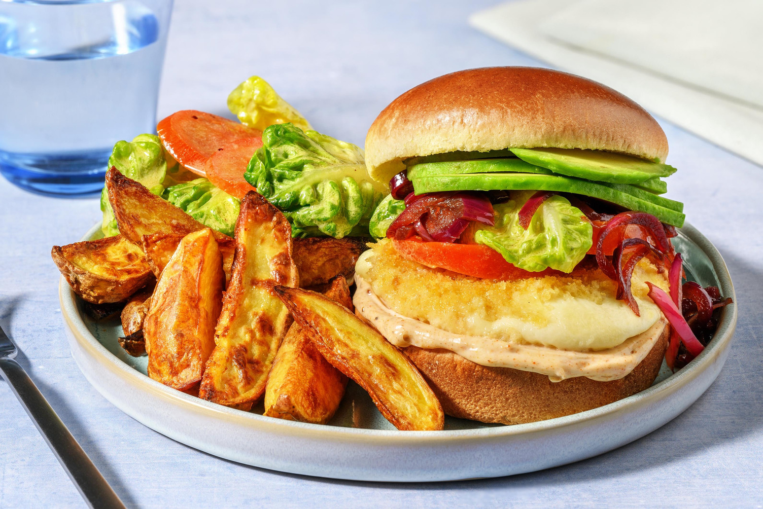Crispy breaded mozzarella and avocado burger
