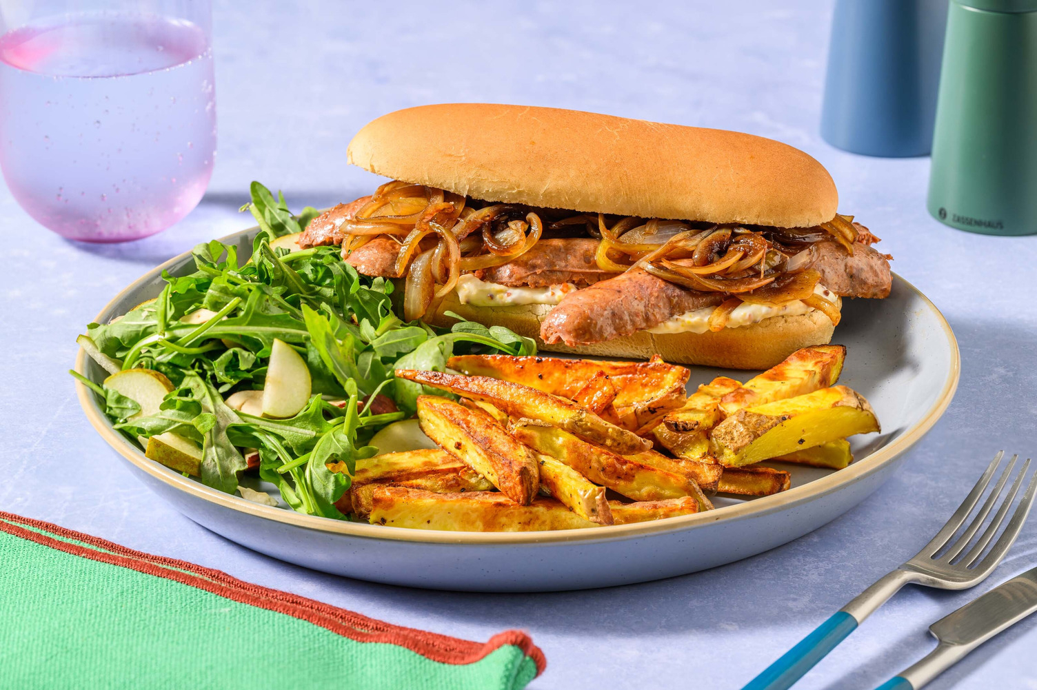 French caramelised onion hot dog