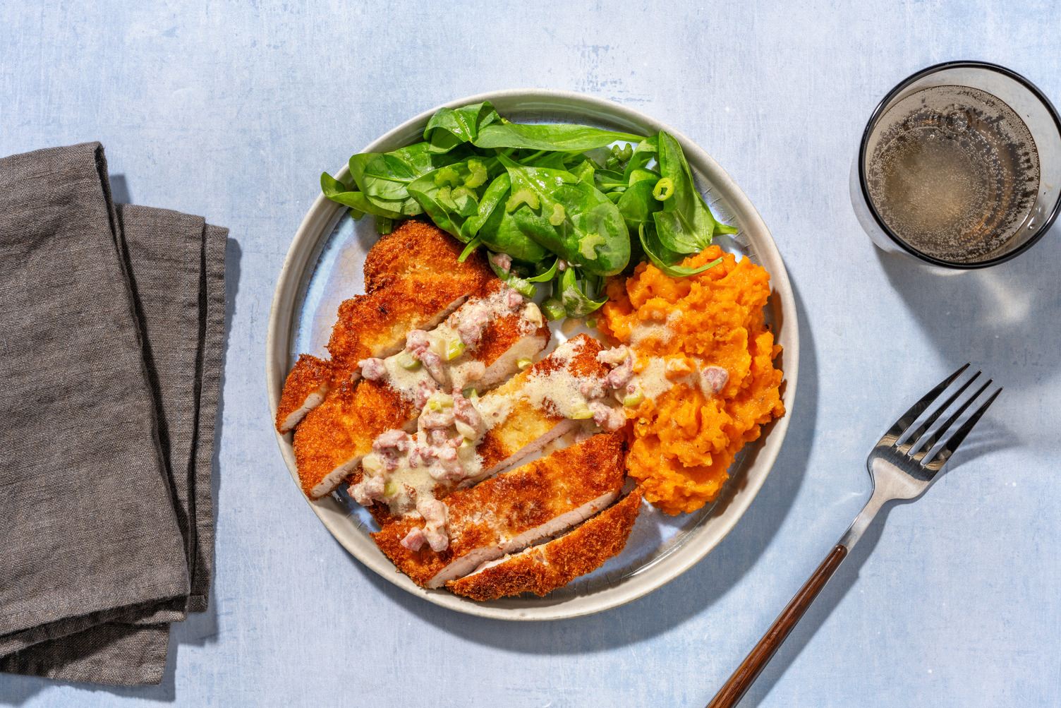 Crumbed Chicken, Haloumi & Creamy Bacon Sauce