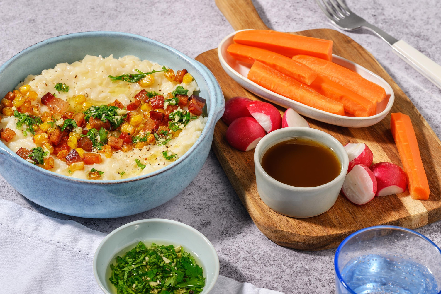 Risotto med mais og sprøtt bacon