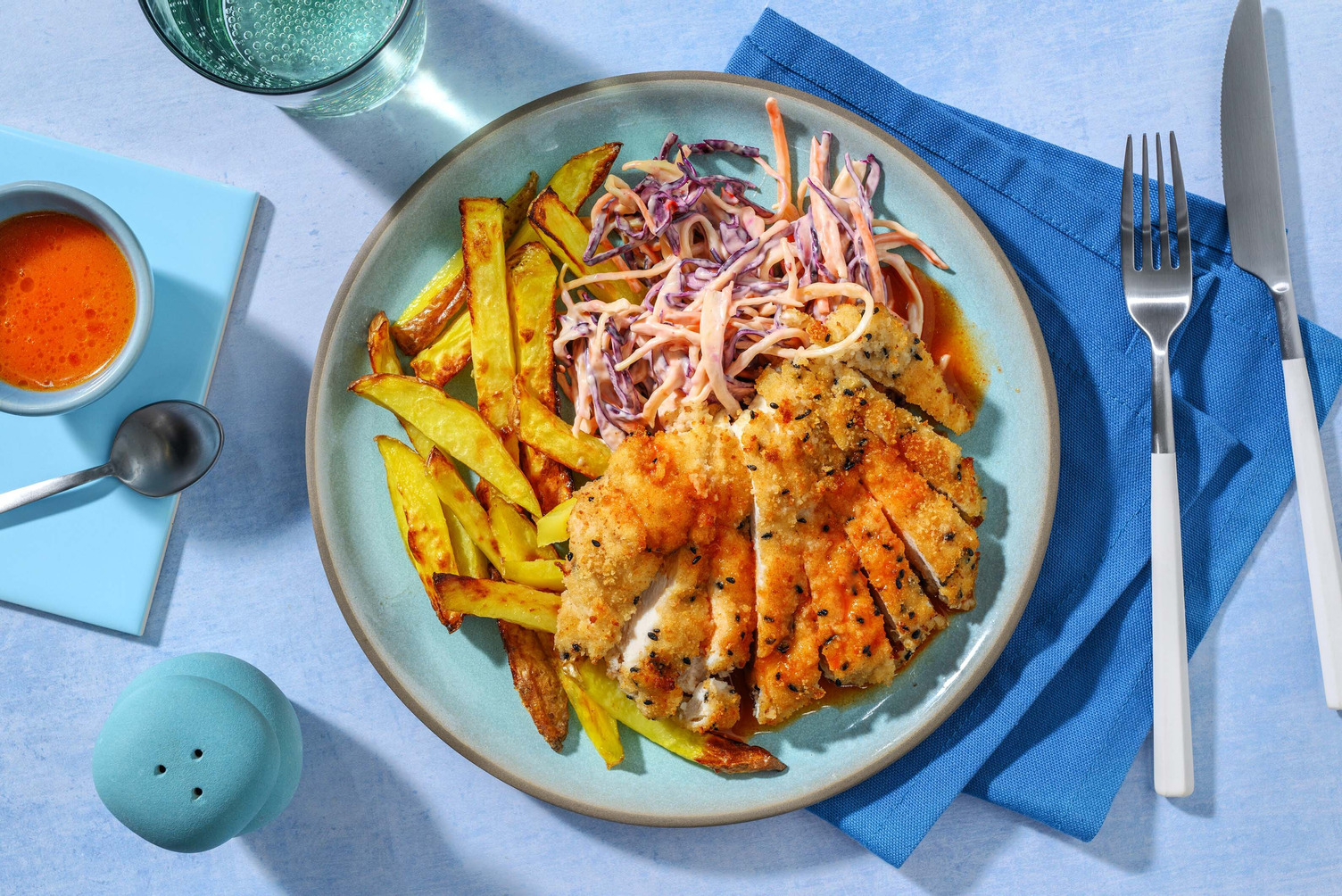 Sesame Chicken Schnitzel and Fries
