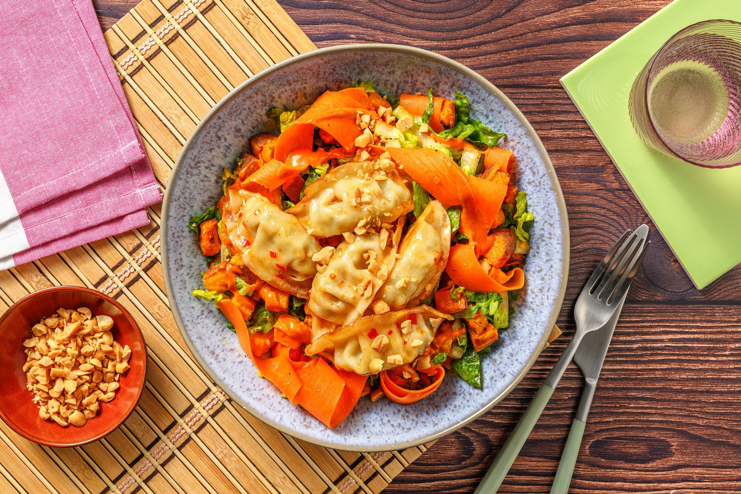 Glazed Chicken Gyozas on Sweet Potato Salad
