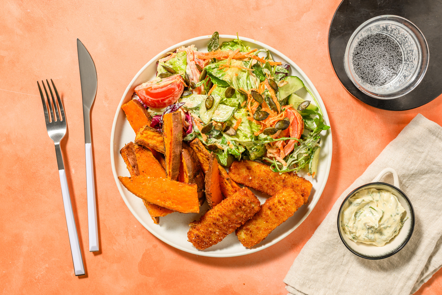 No-Fish Fingers with Sweet Potato Wedges