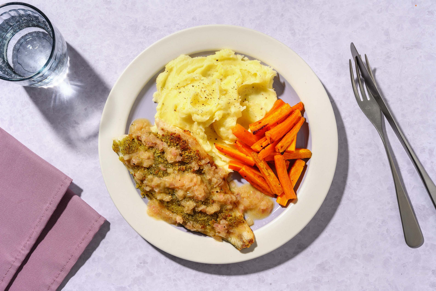 Pesto Crusted Basa and Garlic Butter Sauce