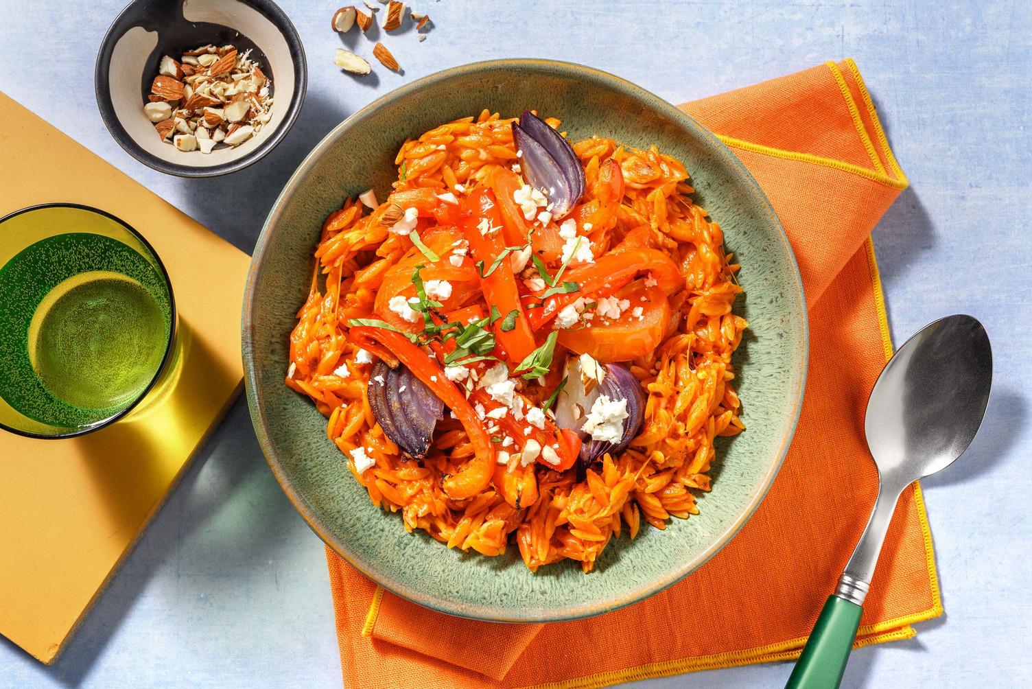 Roasted red pepper and goat cheese orzo