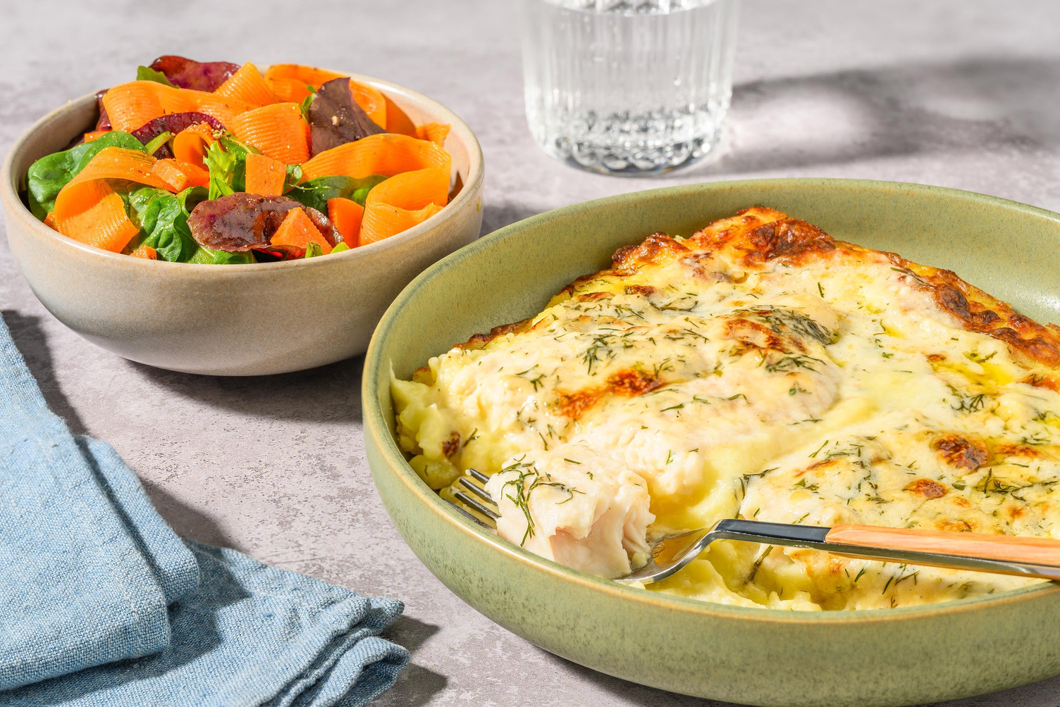 Fiskgratäng på sej och potatis- och ostmos