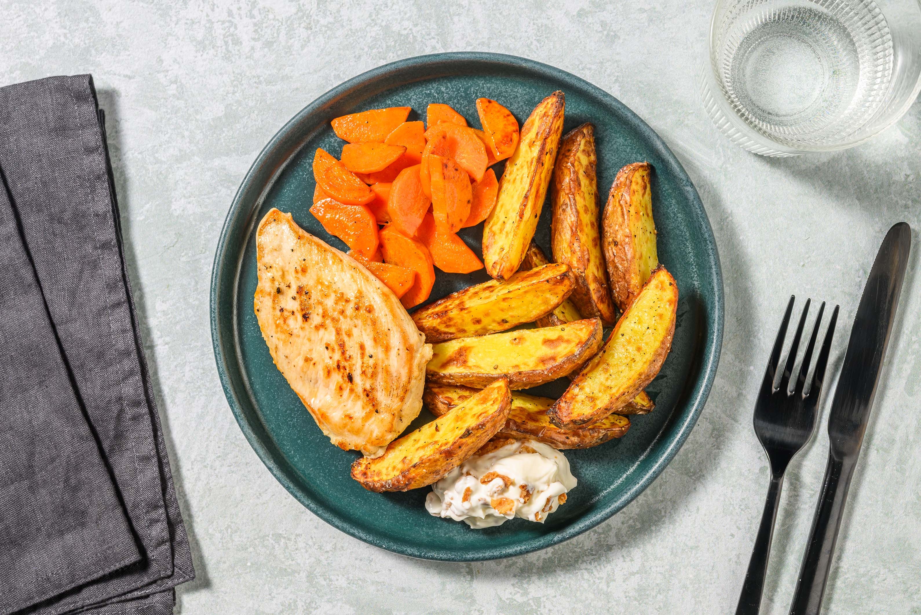 Poulet bio rôti et trempette à l'oignon française