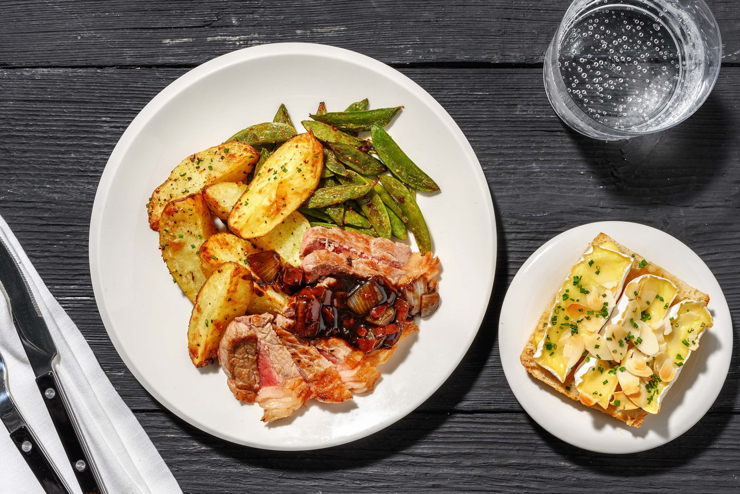 Striploin Steak and Balsamic Sauce with Brie Appetizers 
