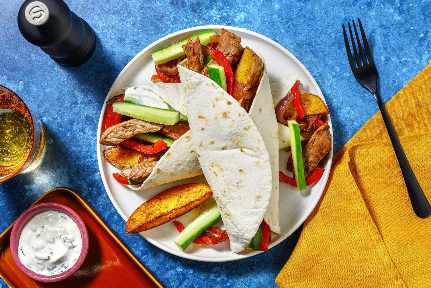 Wraps met biefstuk en aardappelpartjes