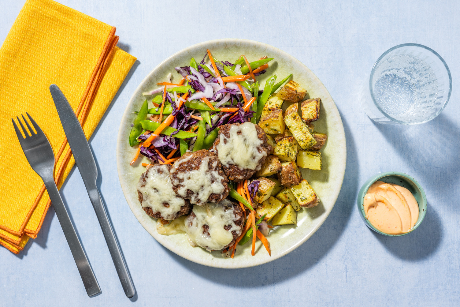 Cheesy Double Beef-Pork Rissoles & Pea Pod Slaw