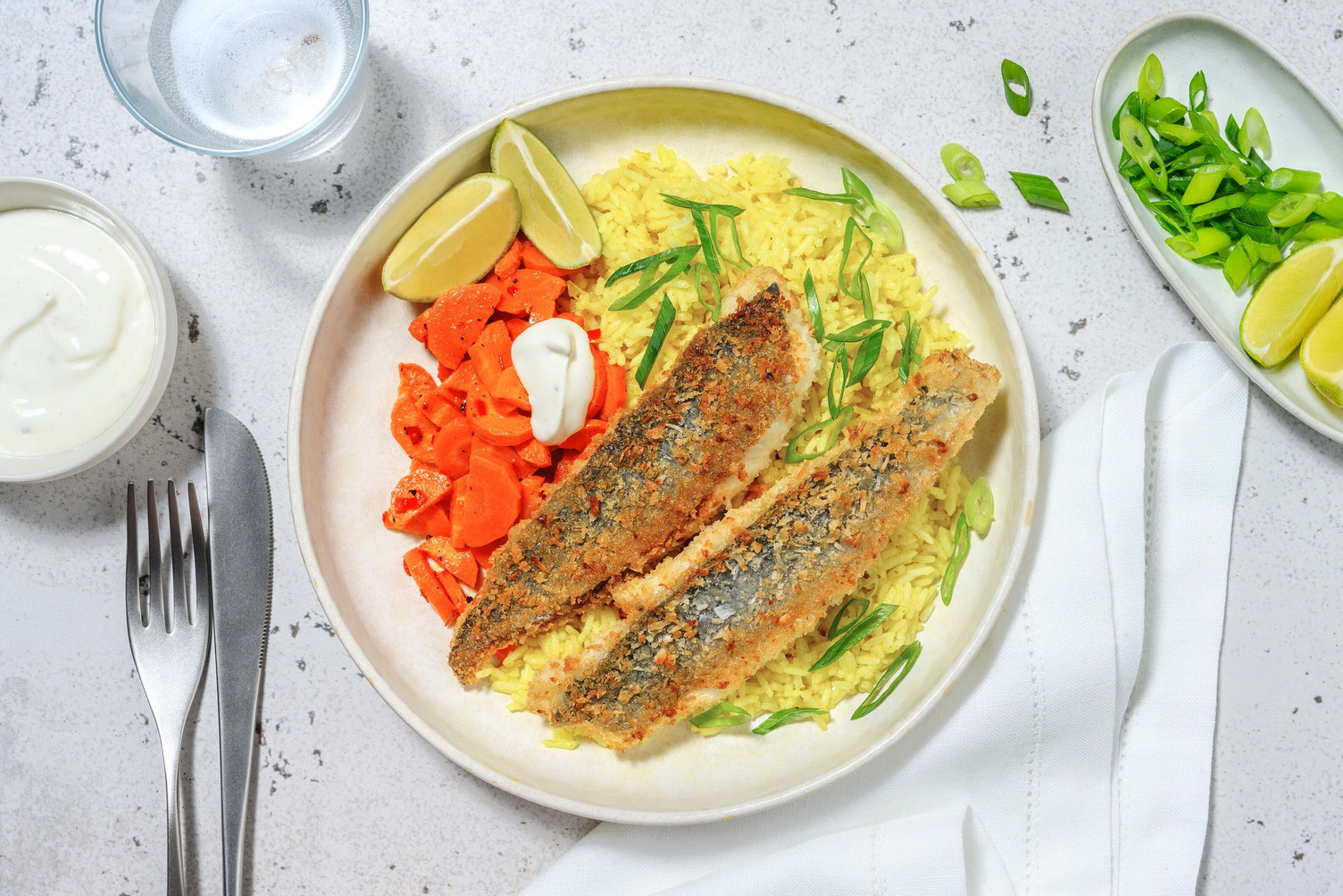 Dorade in Kokos-Panko mit Curryreis